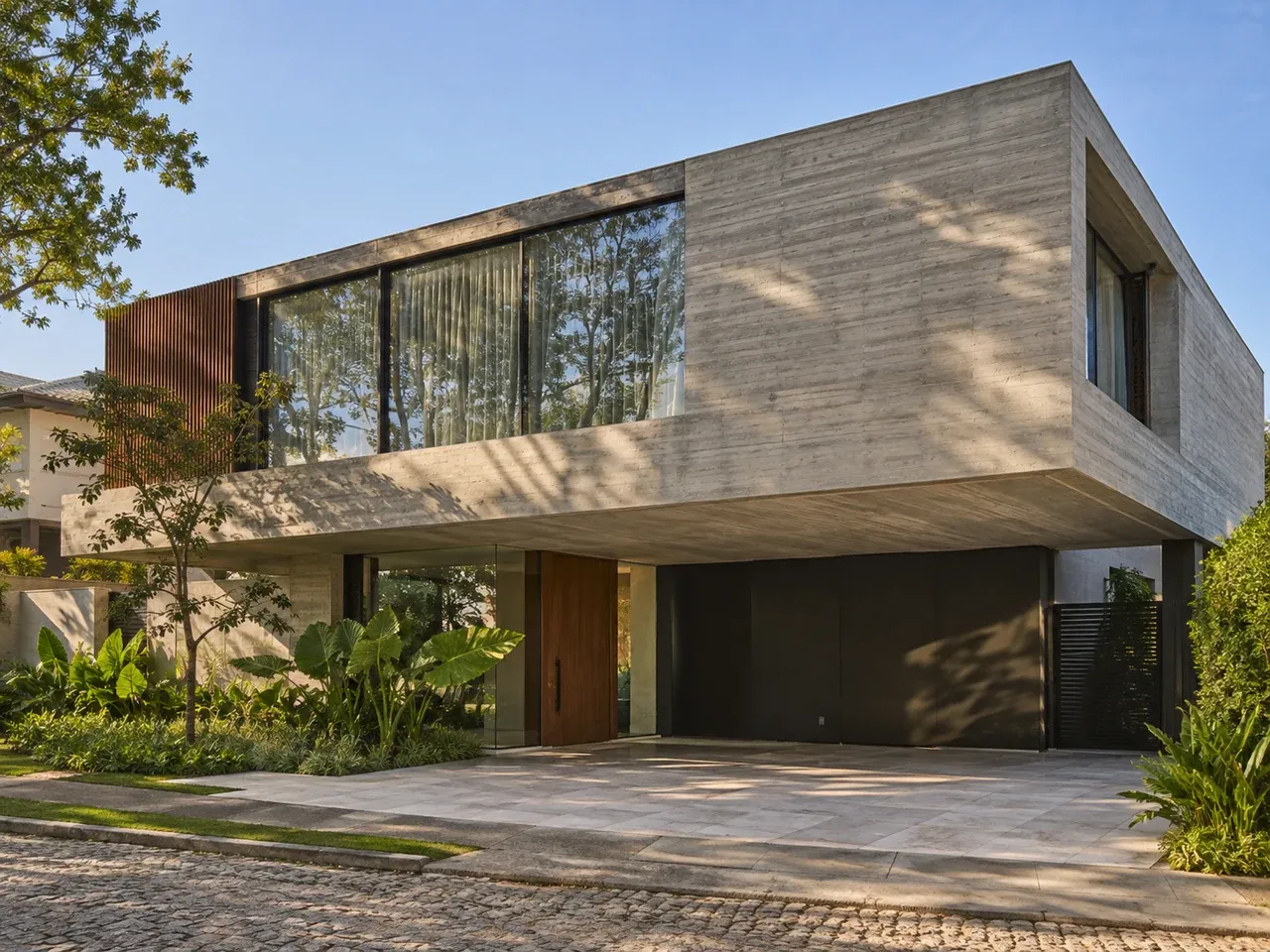 Residência contemporânea com estrutura de concreto aparente, vidro e paisagismo.